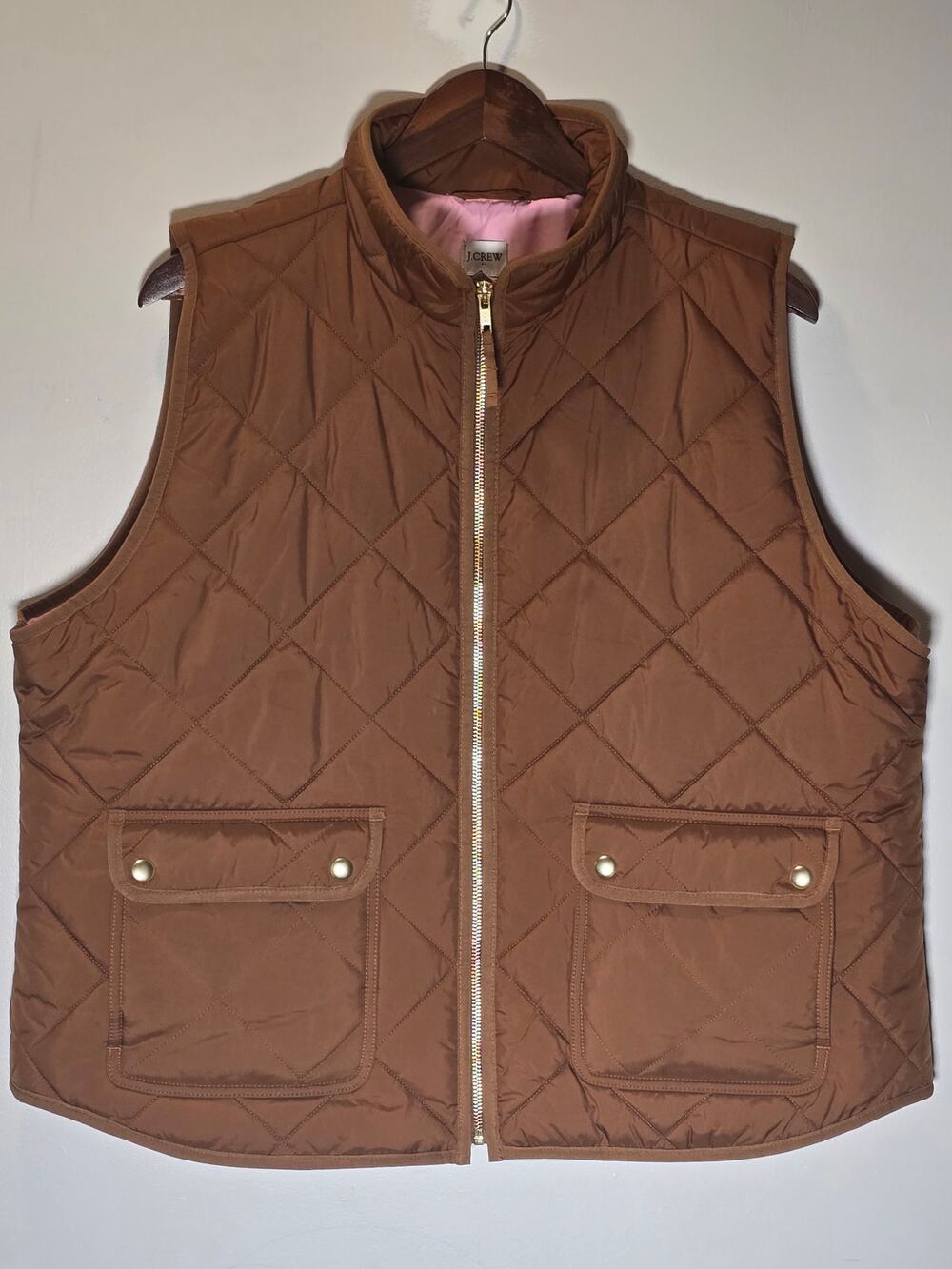 J.Crew Quilted Puffer Vest XXL Brown Pink Lined Re-Imagined Zip-up Outerware